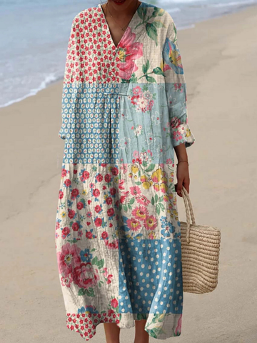 LYNN | VINTAGE FLORAL PATCHWORK PATTERN ART PRINT DRESS
