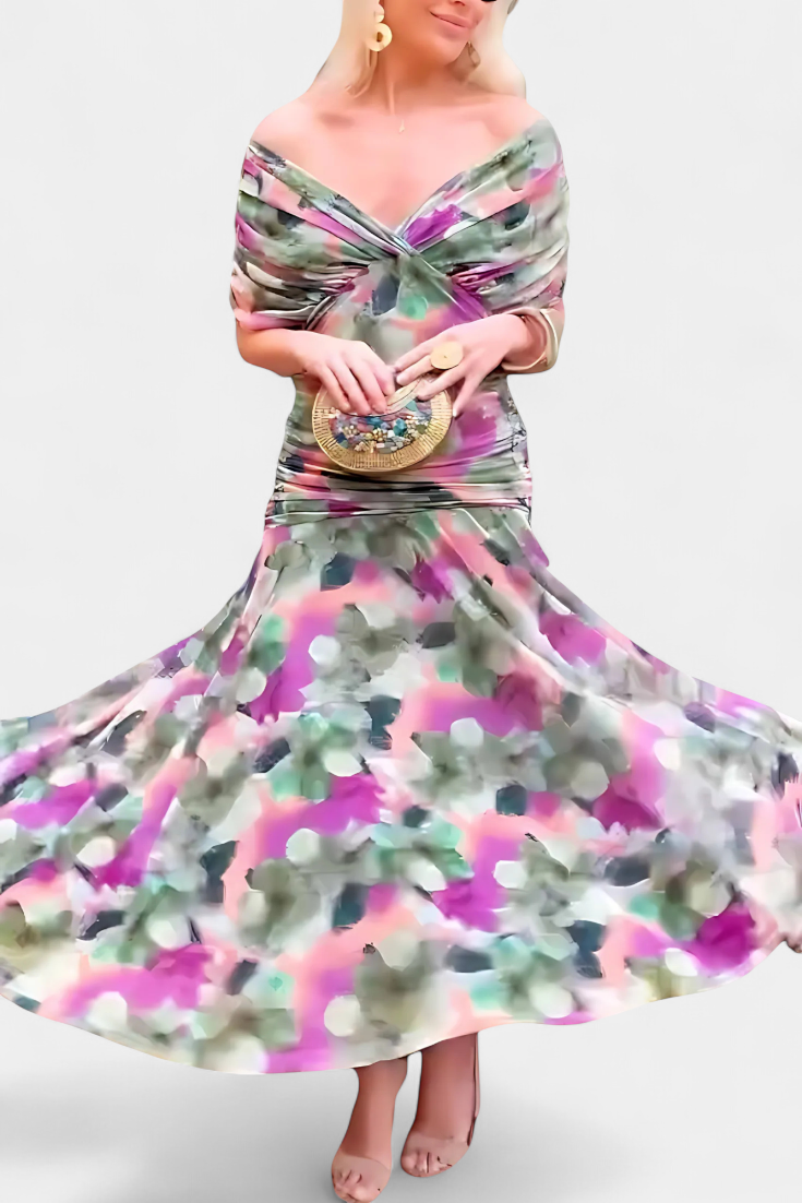 GIULIA | ABITO LUNGO FLOREALE CON SCOLLO A V