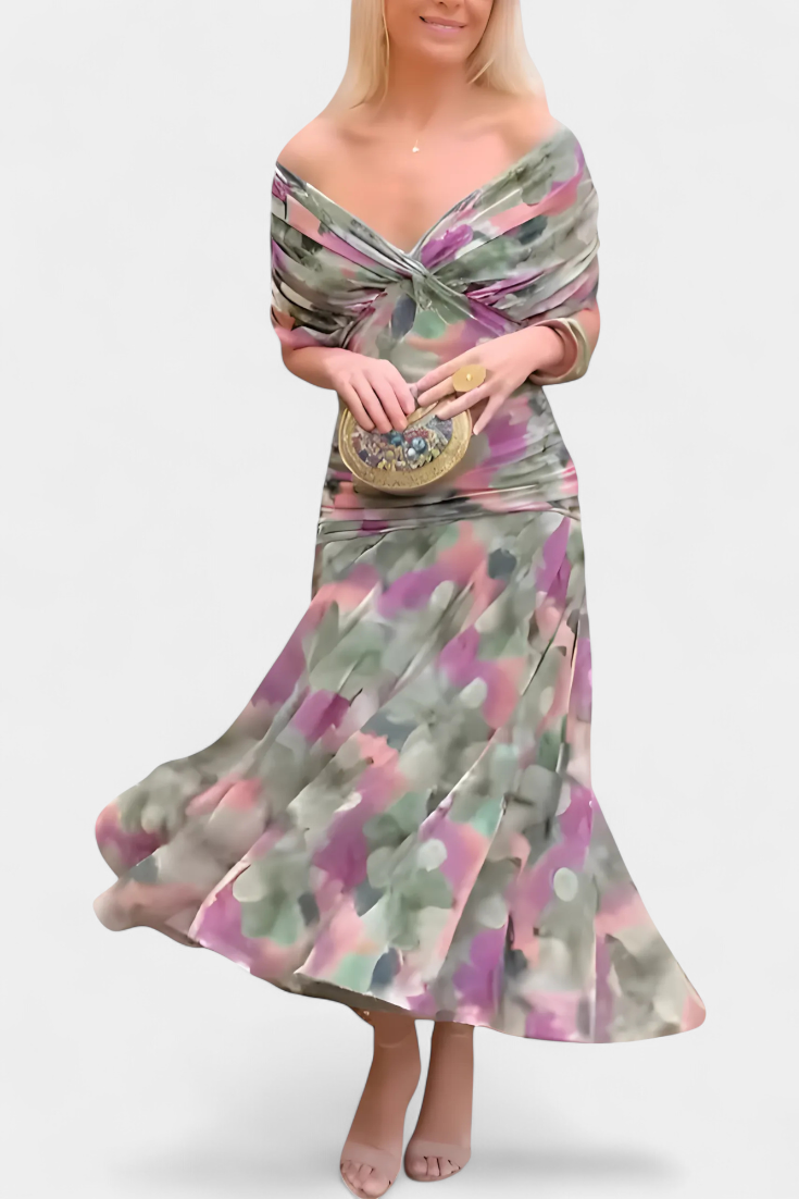 GIULIA | ABITO LUNGO FLOREALE CON SCOLLO A V