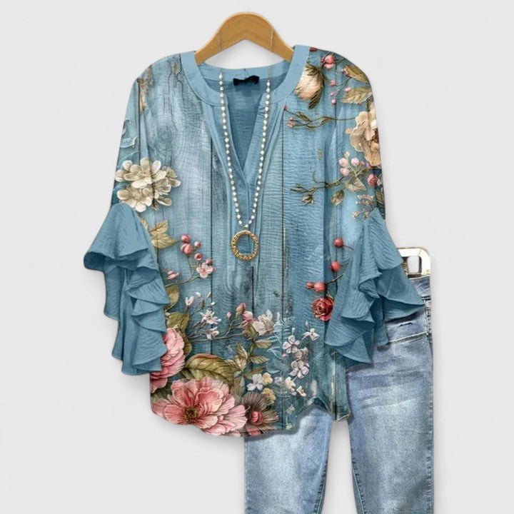 ELISA | BLUSA FLOREALE CON MANICHE A RUCHES