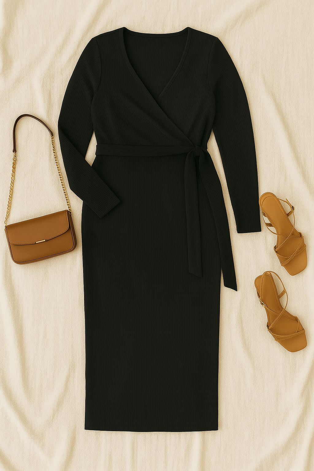 Abito Donna Maniche Lunghe – Pieghe Con Cintura, Elegante & Snellente