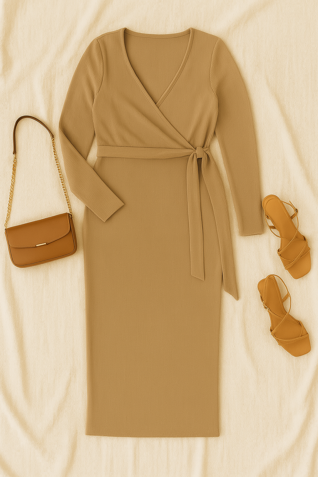 Abito Donna Maniche Lunghe – Pieghe Con Cintura, Elegante & Snellente