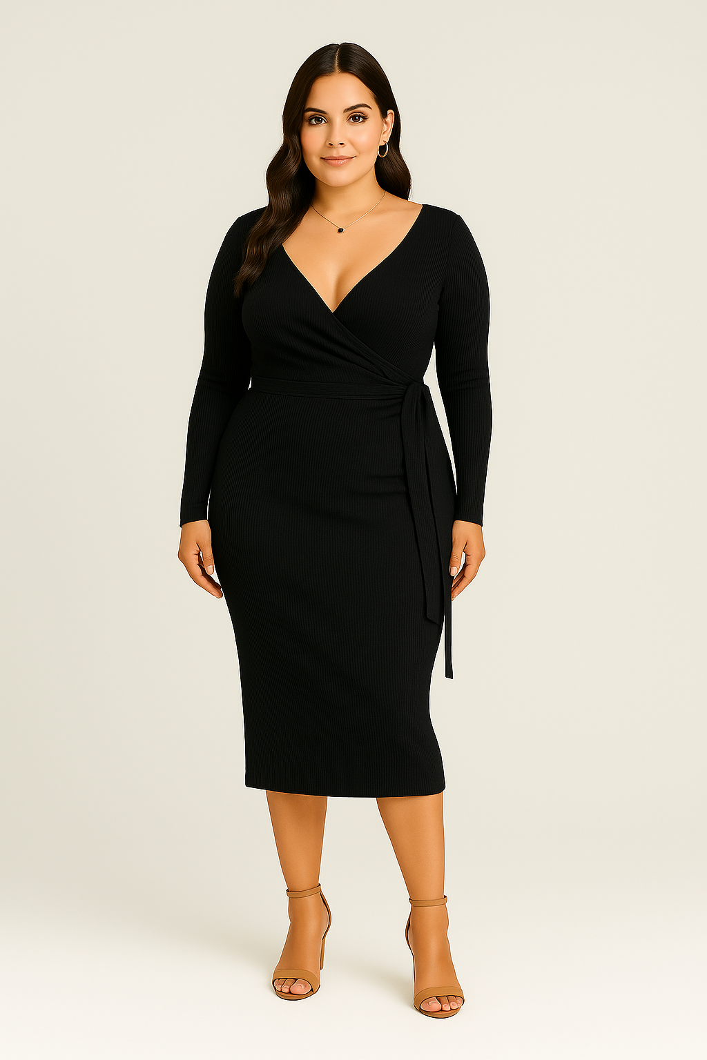 Abito Donna Maniche Lunghe – Pieghe Con Cintura, Elegante & Snellente
