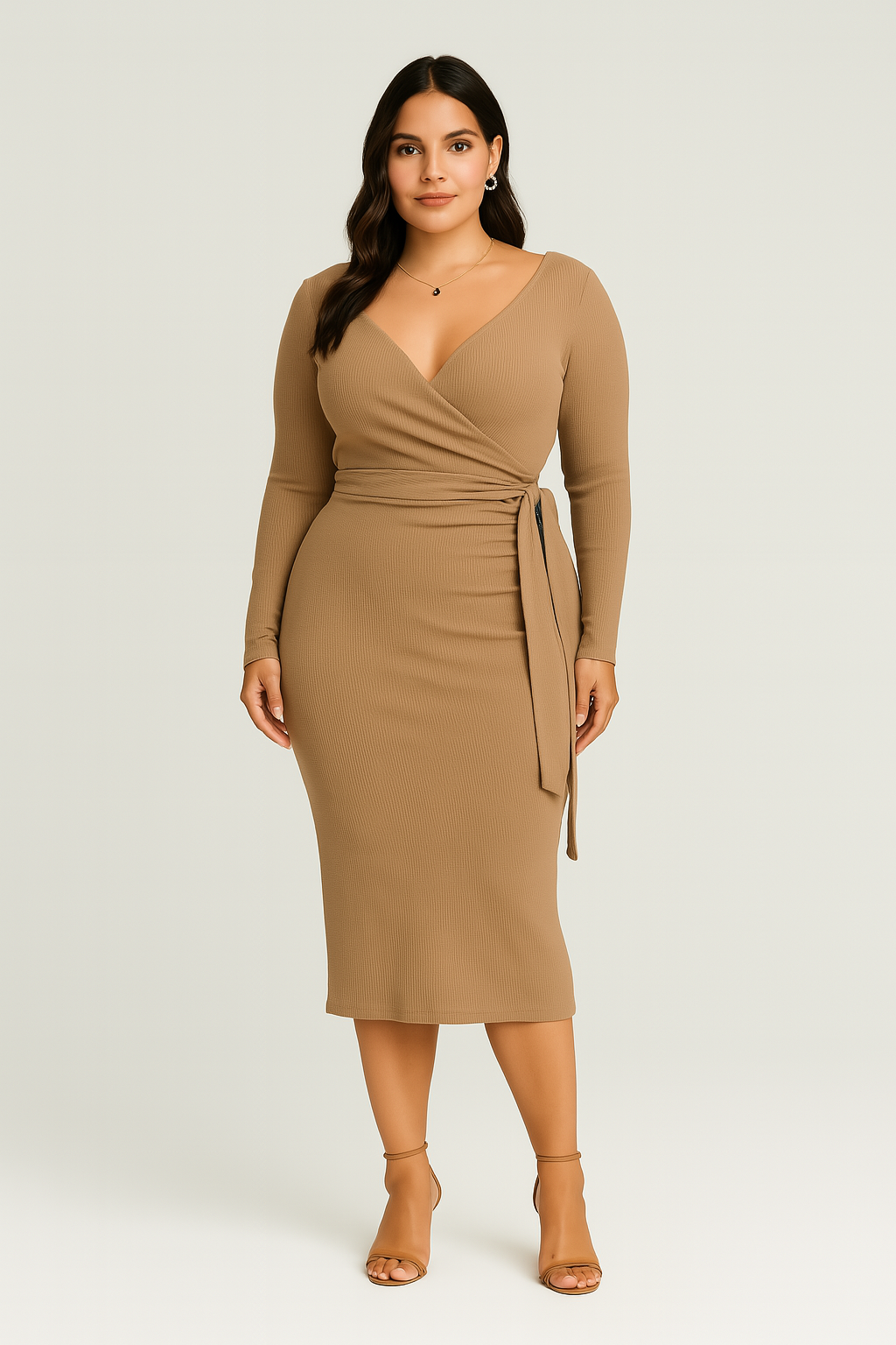 Abito Donna Maniche Lunghe – Pieghe Con Cintura, Elegante & Snellente
