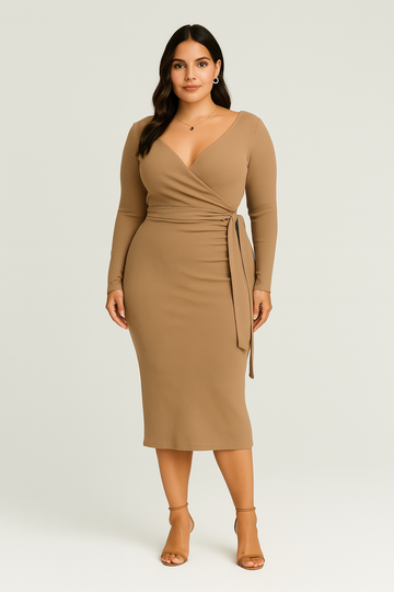 Abito Donna Maniche Lunghe – Pieghe Con Cintura, Elegante & Snellente