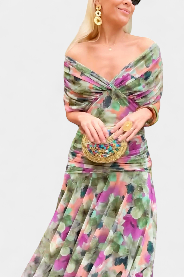 GIULIA | ABITO LUNGO FLOREALE CON SCOLLO A V